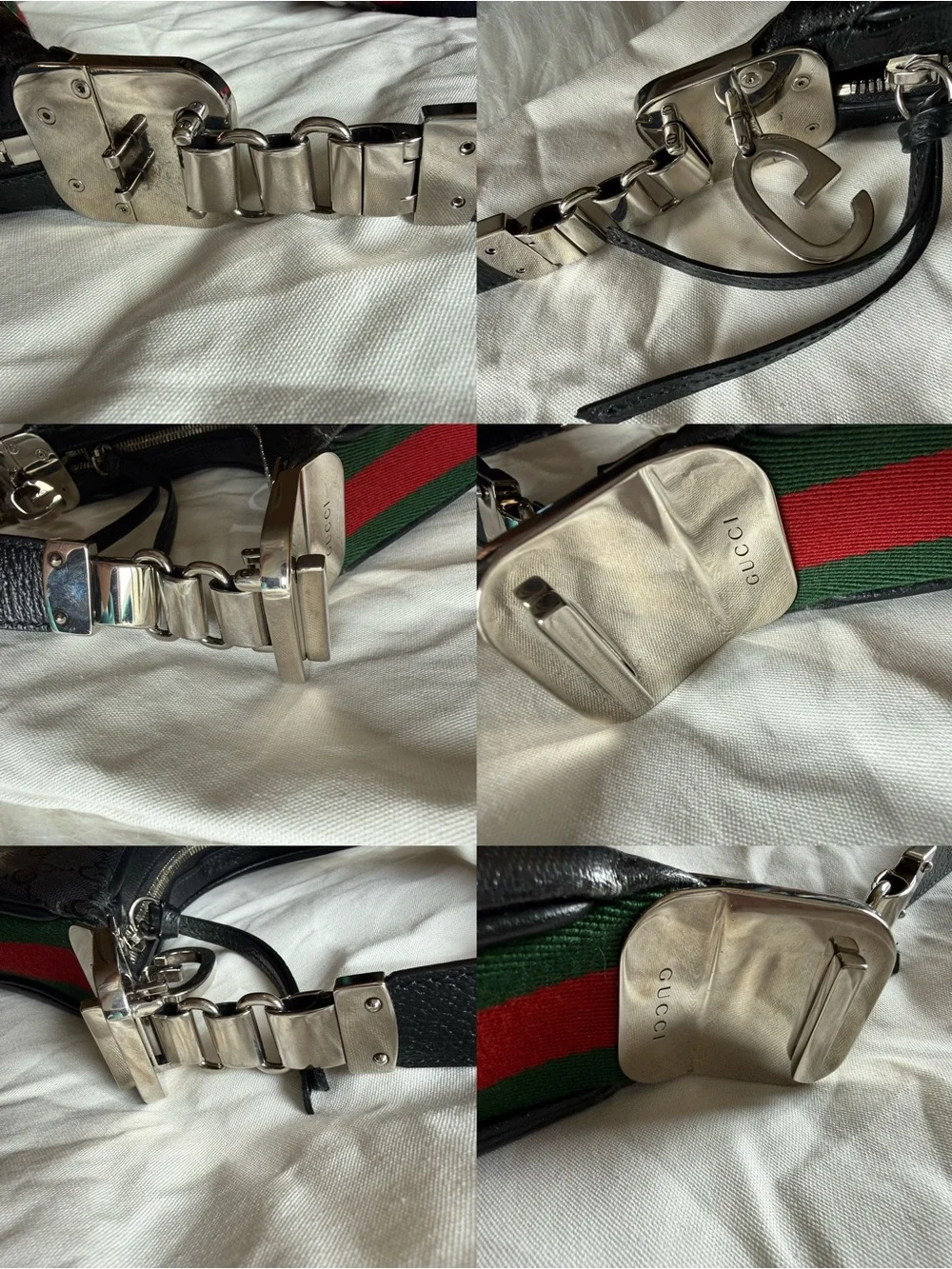 Gucci Black GG Monogram Crescent Shoulder Bag with Red-Blue Web Strap
